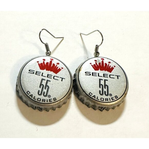 Bud 55 Beer Bottle Cap Earrings Collectible Artisan Upcycled Fun Fashion - Picture 1 of 1